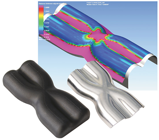 Shown is a Pam-Stamp forming simulation of an aluminum exhaust part, and the resulting tool and sheet-hydroformed part. 