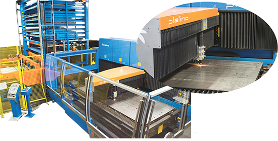 Carmeco’s new laser-cutting cell includes Prima Power’s compact 10-shelf TowerServer material-handling system that allows easy loading/unloading of blanks and processed sheets. 