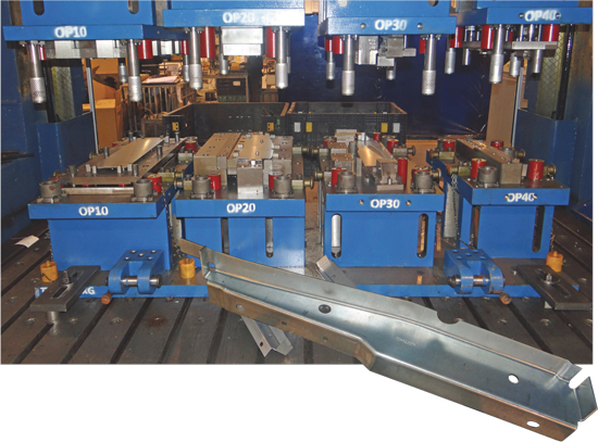 A four-station line-die setup on the 1000-ton press stamps truck-frame cross members, one of several previously outsourced jobs that Mercury Products has brought back inhouse following its new (used) press acquisition.