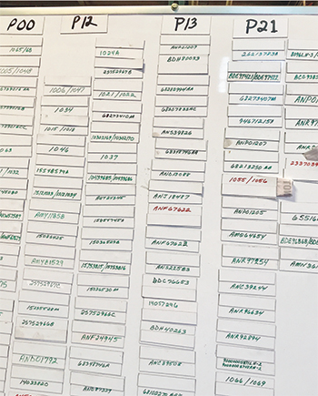 White board shows status of tools used to make parts in presses
