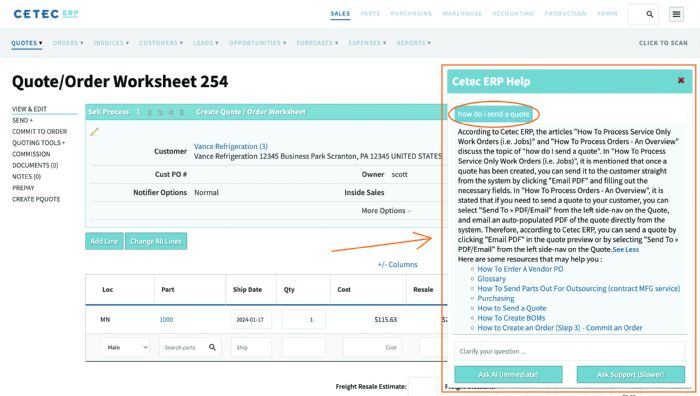 Cetec ERP AI Chatbot Screen