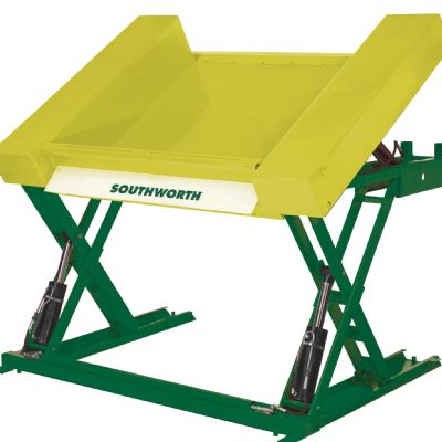 Lift and Tilt Table Lowers to Floor Level for Hand Pallet-Truck Accessibility
